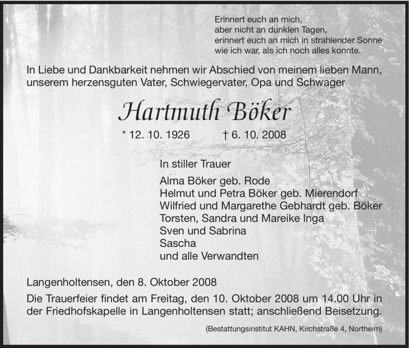  Traueranzeige für Hartmuth Böker vom 08.10.2008 aus HNA