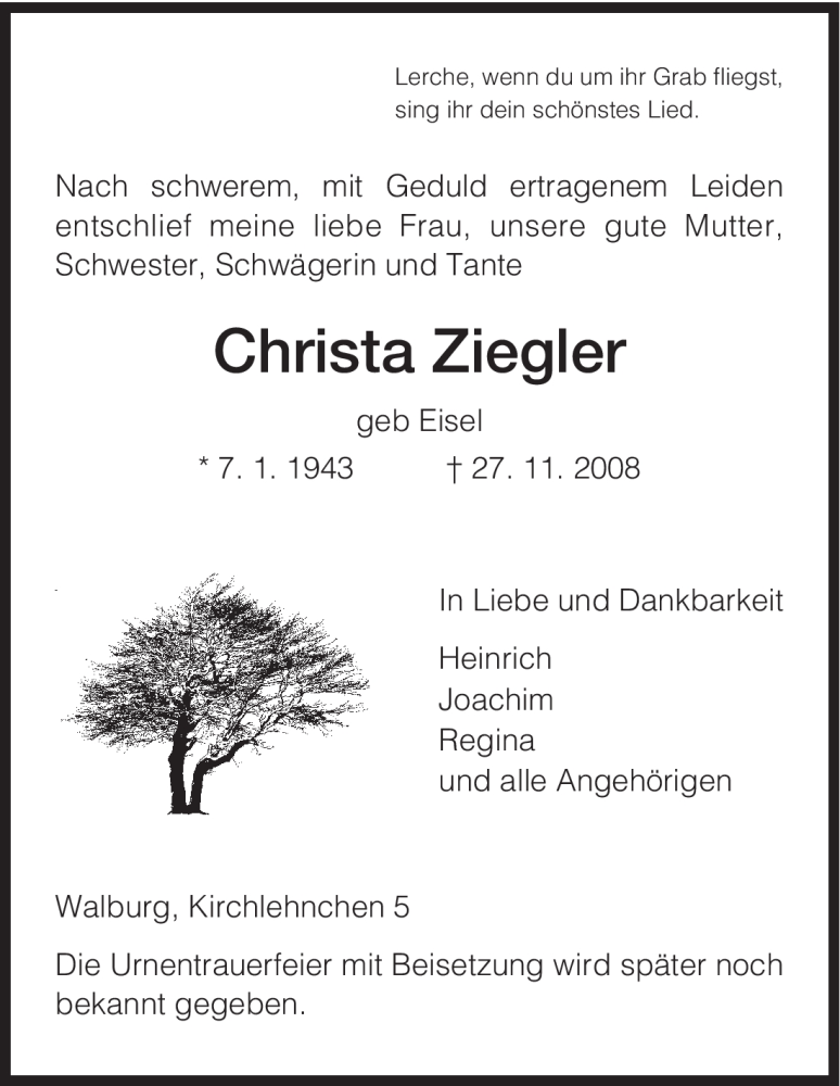  Traueranzeige für Christa Ziegler vom 29.11.2008 aus HNA