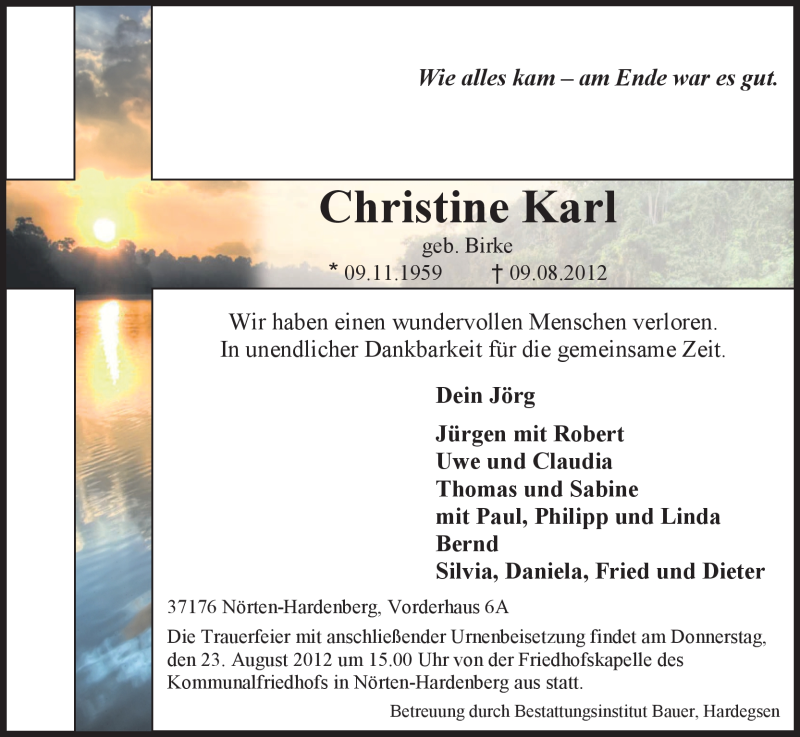  Traueranzeige für Christine Karl vom 18.08.2012 aus HNA