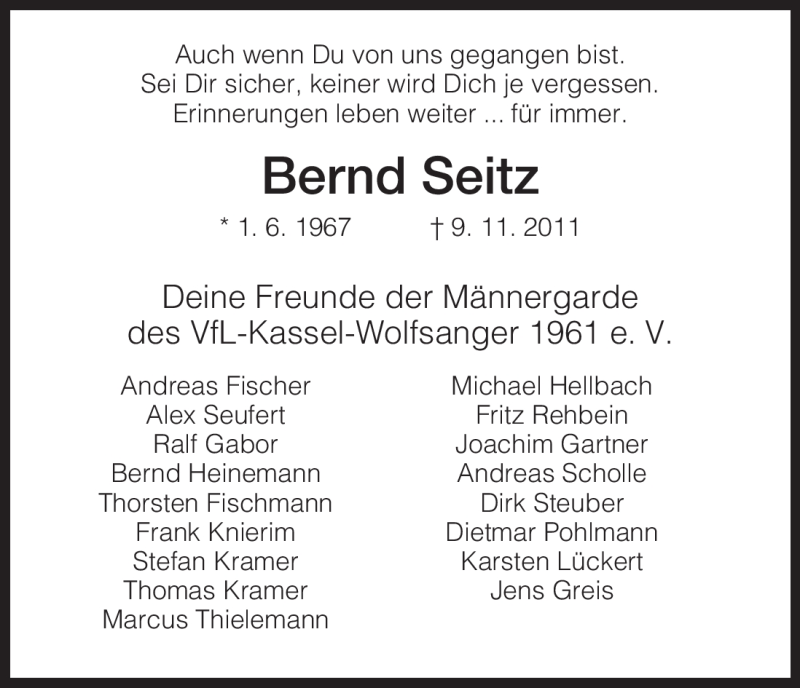  Traueranzeige für Bernd Seitz vom 14.11.2011 aus HNA