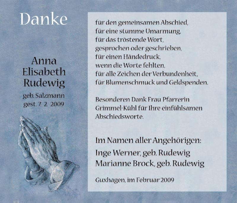 Traueranzeige für Anna Elisabeth Rudewig vom 28.02.2009 aus HNA