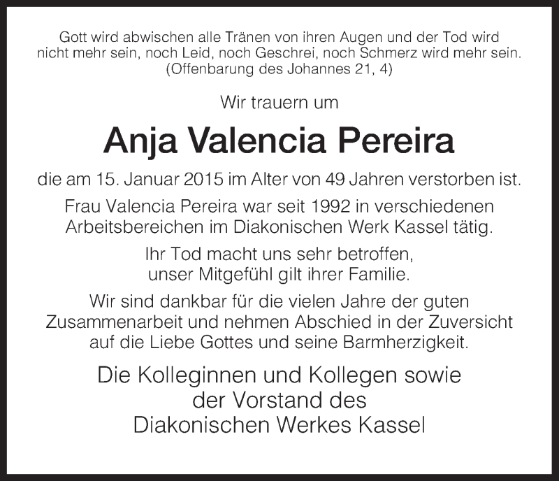  Traueranzeige für Anja Valencia Pereira vom 24.01.2015 aus HNA