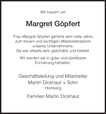 Traueranzeige von Margret Göpfert von HNA