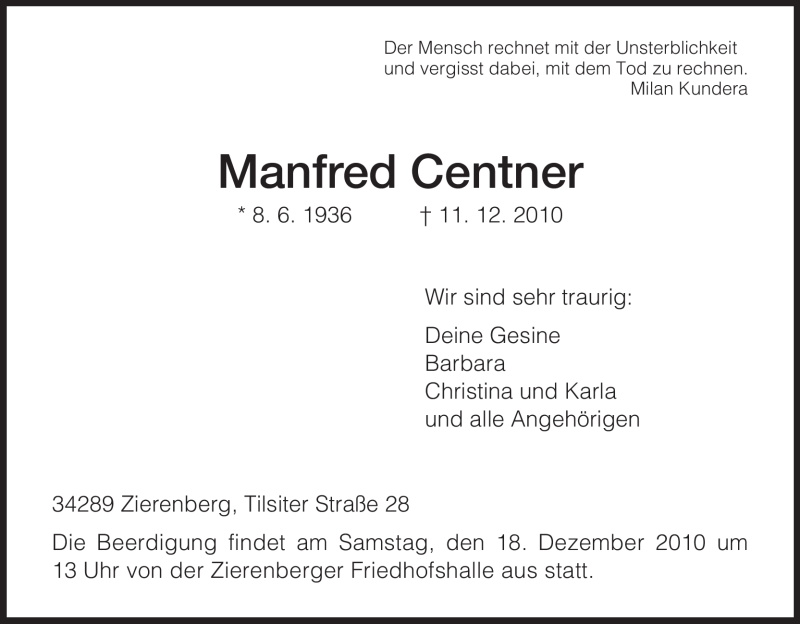  Traueranzeige für Manfred Centner vom 14.12.2010 aus HNA