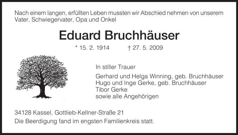  Traueranzeige für Eduard Bruchhäuser vom 05.06.2009 aus HNA