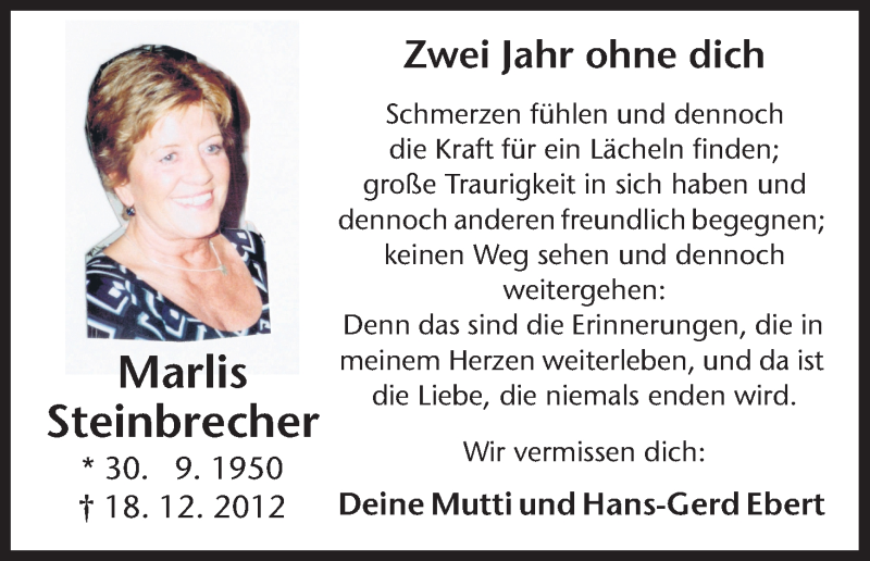  Traueranzeige für Marlis Steinbrecher vom 20.12.2014 aus HNA