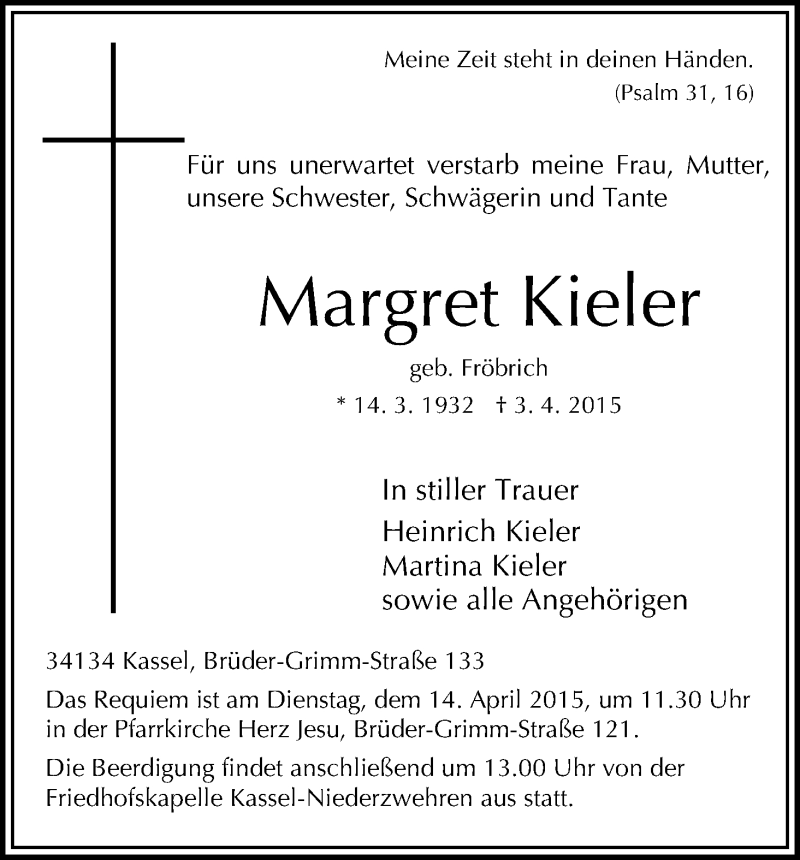  Traueranzeige für Margret Kieler vom 10.04.2015 aus HNA