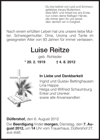 Traueranzeige von Luise Reitze von HNA