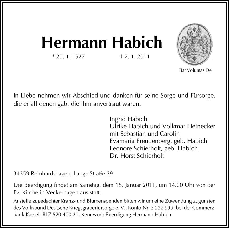  Traueranzeige für Hermann Habich vom 11.01.2011 aus HNA