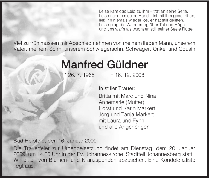  Traueranzeige für Manfred Güldner vom 16.01.2009 aus HNA