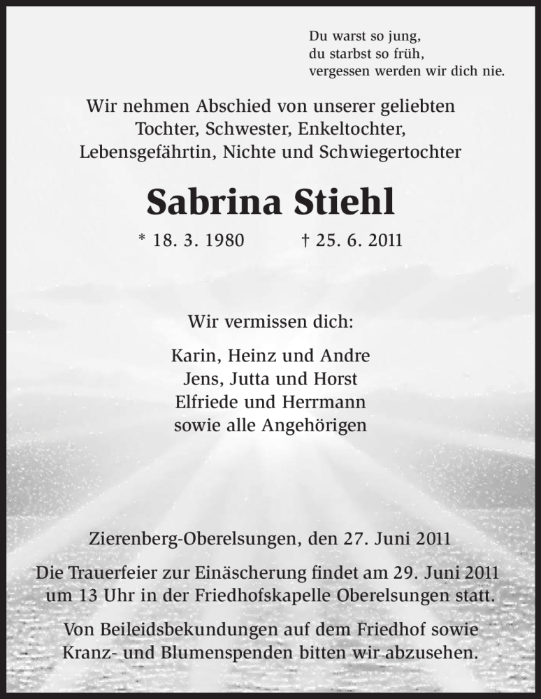 Traueranzeige für Sabrina Stiehl vom 27.06.2011 aus HNA