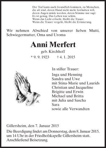 Traueranzeige von Anni Merfert von HNA