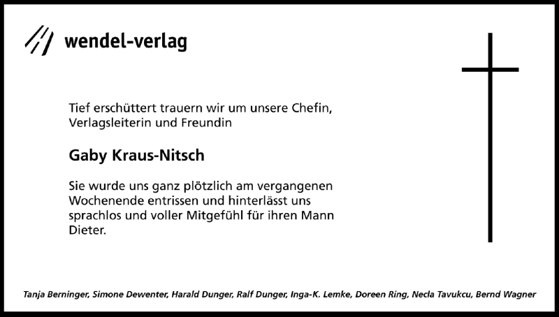  Traueranzeige für Gaby Kraus-Nitsch vom 19.07.2012 aus HNA