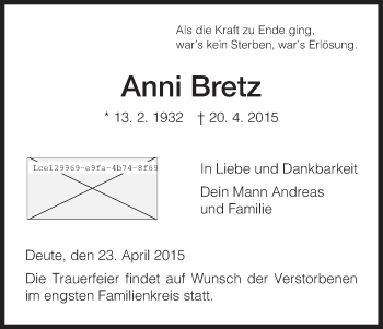 Traueranzeige von Anni Bretz von HNA