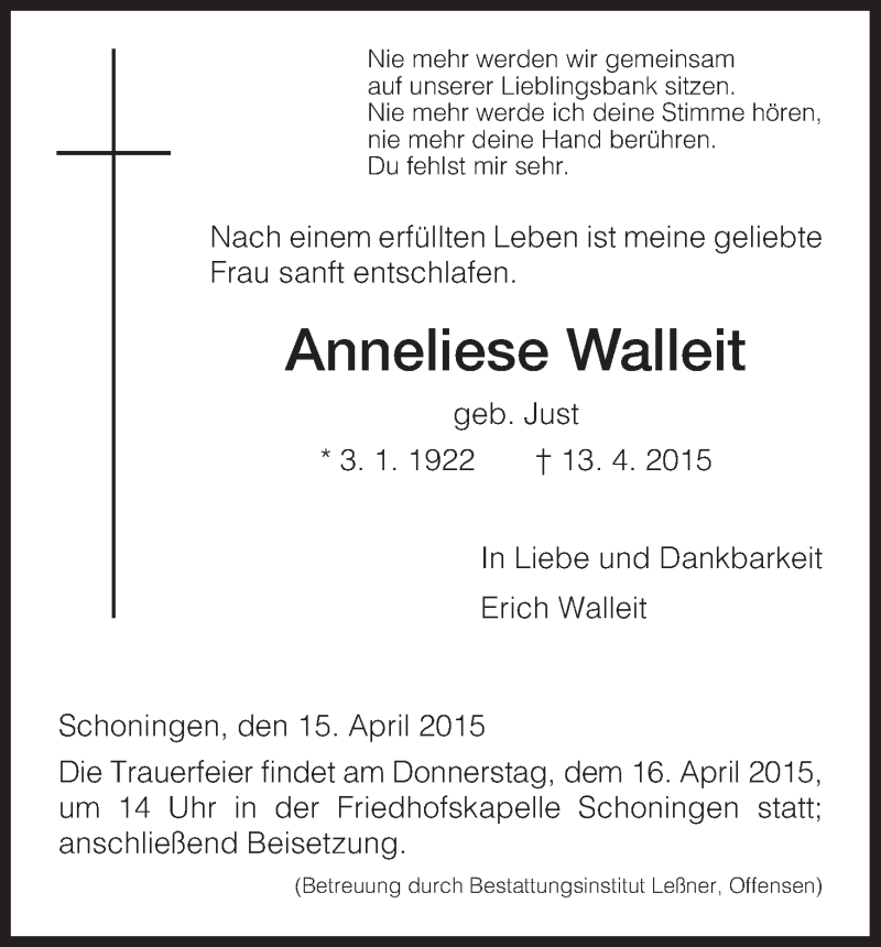  Traueranzeige für Anneliese Walleit vom 15.04.2015 aus HNA