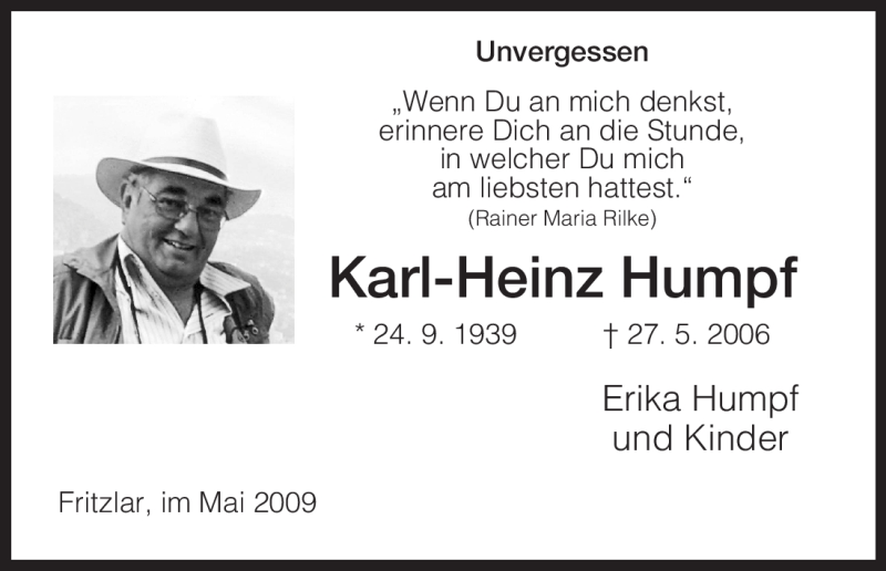  Traueranzeige für Karl-Heinz Humpf vom 27.05.2009 aus HNA