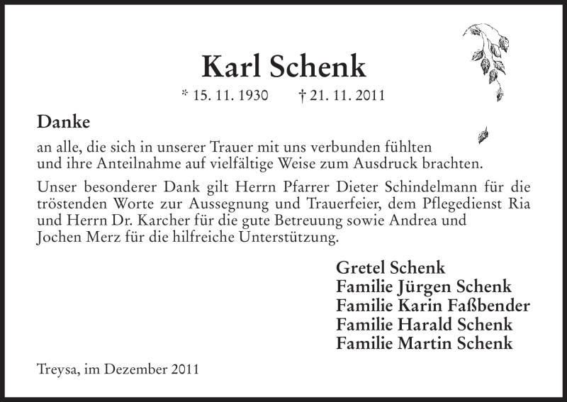  Traueranzeige für Karl Schenk vom 17.12.2011 aus HNA