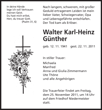 Traueranzeige von Walter Karl-Heinz Günther von HNA