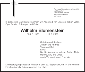 Traueranzeige von Wilhelm Blumenstein von HNA