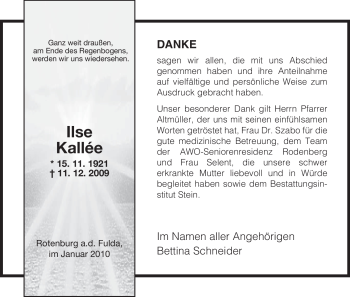 Traueranzeige von Ilse Kalle von HNA