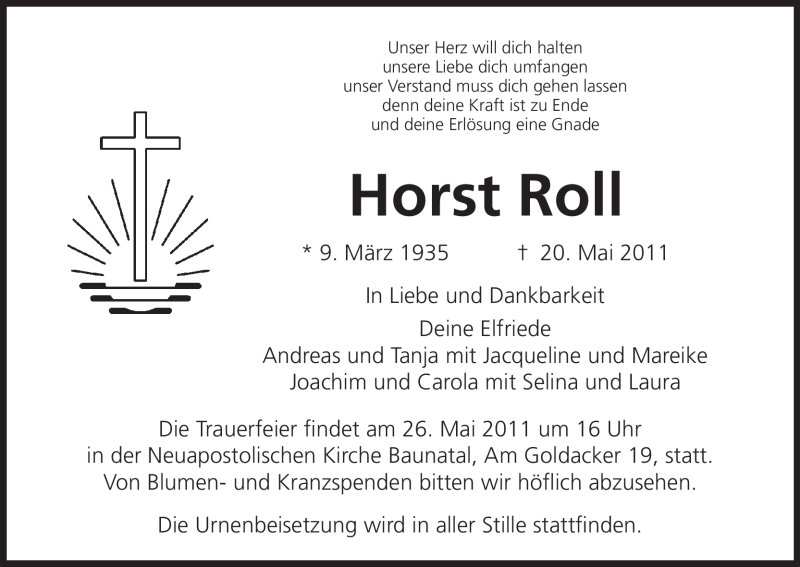  Traueranzeige für Horst Roll vom 21.05.2011 aus HNA