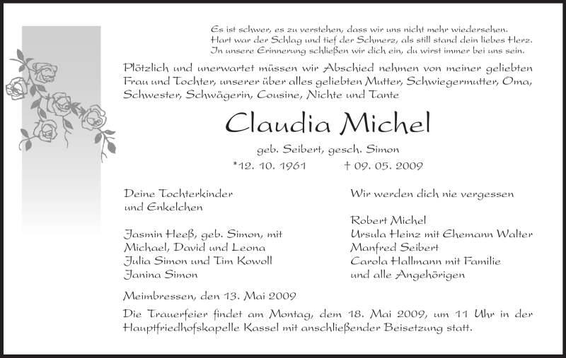  Traueranzeige für Claudia Michel vom 13.05.2009 aus HNA