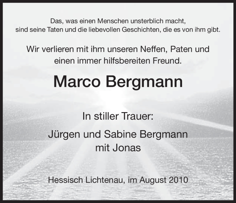  Traueranzeige für Marco Bergmann vom 07.08.2010 aus HNA