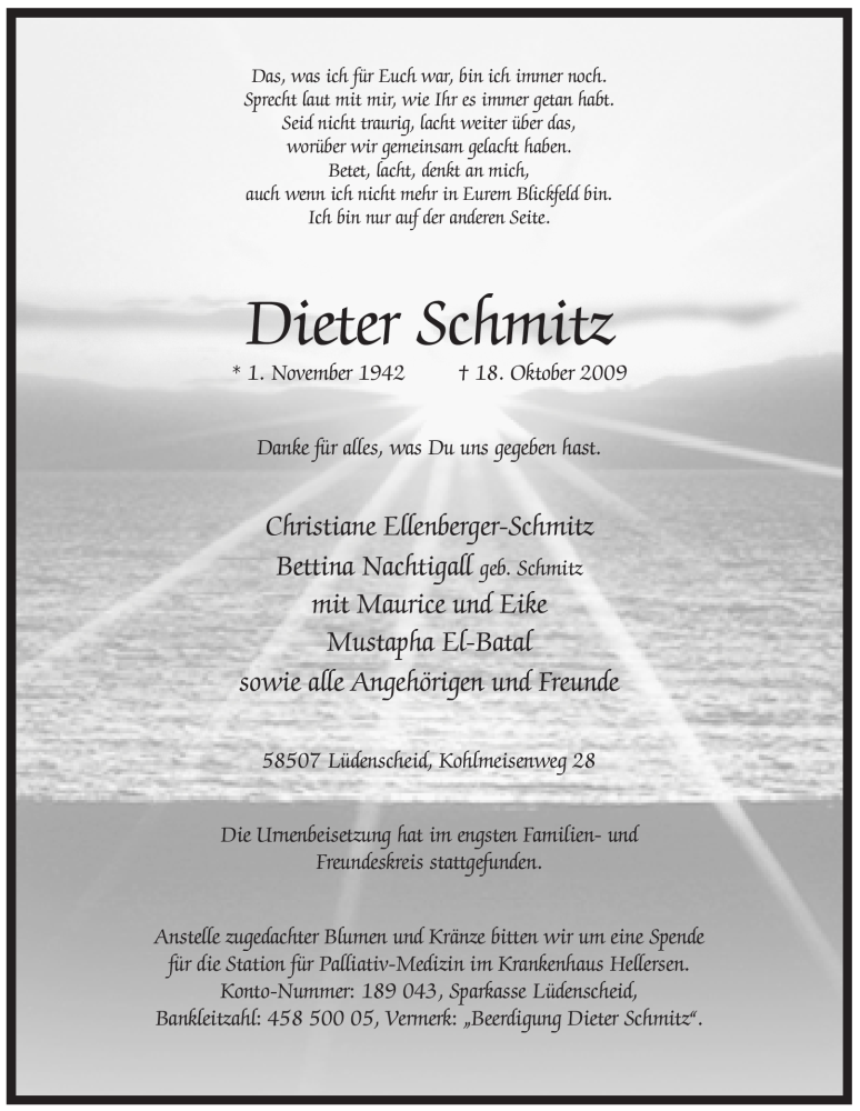  Traueranzeige für Dieter Schmitz vom 23.10.2009 aus HNA