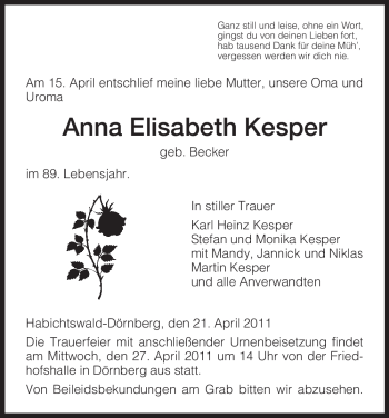Traueranzeige von Anna Elisabeth Kesper von HNA
