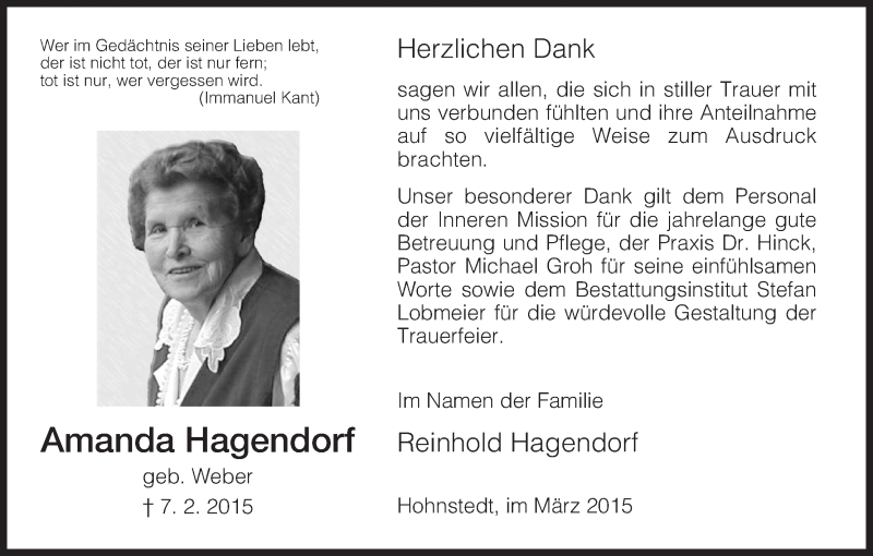  Traueranzeige für Amanda Hagendorf vom 06.03.2015 aus HNA