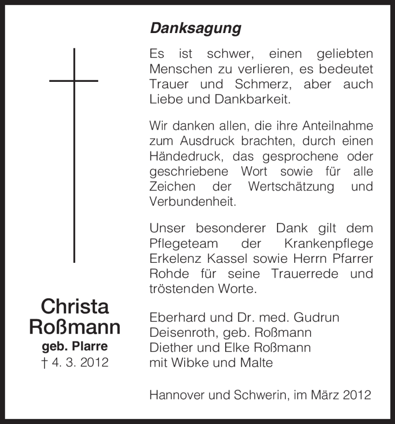 Traueranzeigen Von Christa Rossmann Trauer Hna De