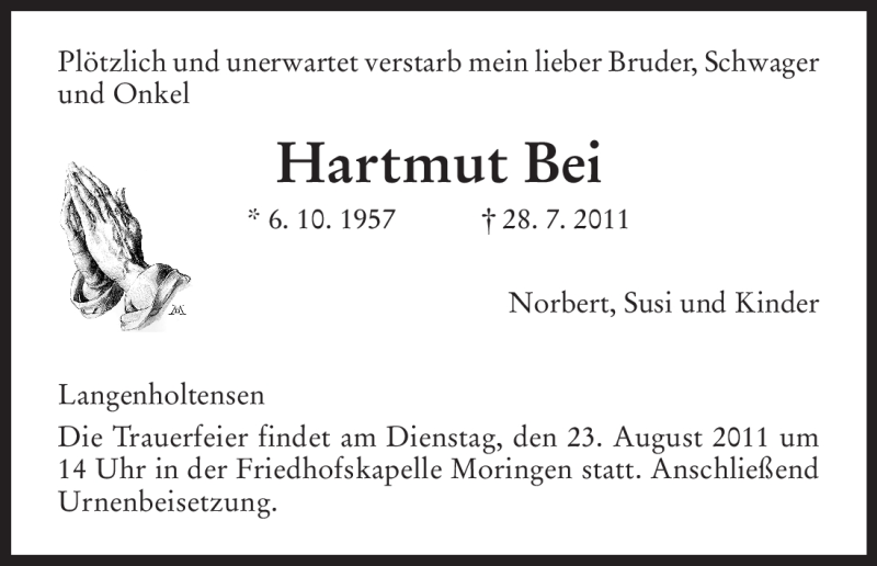  Traueranzeige für Hartmut Bei vom 19.08.2011 aus HNA