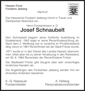 Traueranzeige von Josef Schnaubelt von HNA
