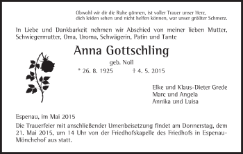 Traueranzeige von Anna Gottschling von HNA