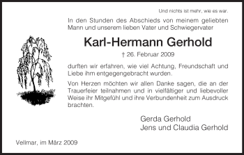 Traueranzeige von Karl-Hermann Gerhold von HNA