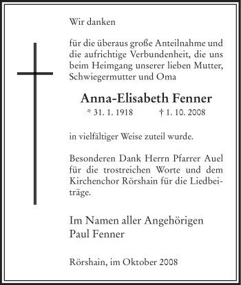 Traueranzeige von Anna-Elisabeth Fenner von HNA