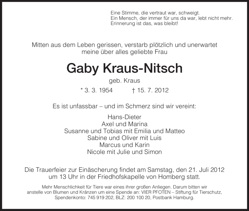  Traueranzeige für Gaby Kraus-Nitsch vom 19.07.2012 aus HNA