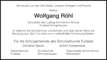 Traueranzeige von Wolfgang Röhl von HNA