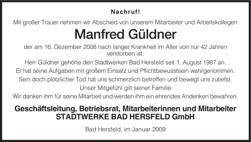  Traueranzeige für Manfred Güldner vom 16.01.2009 aus HNA