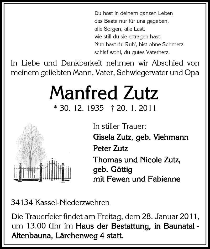  Traueranzeige für Manfred Zutz vom 25.01.2011 aus HNA