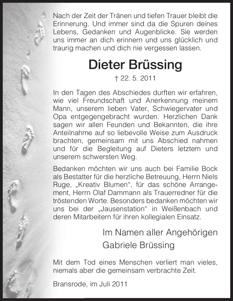  Traueranzeige für Dieter Brüssing vom 02.07.2011 aus HNA
