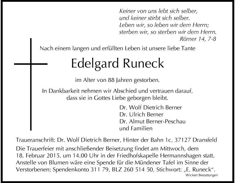  Traueranzeige für Edelgard Runeck vom 14.02.2015 aus HNA
