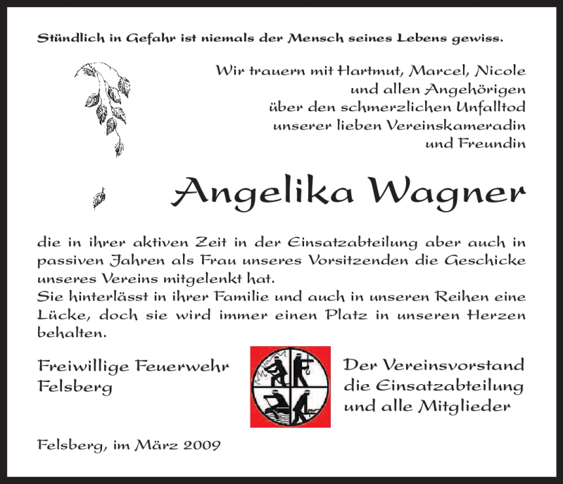  Traueranzeige für Angelika Wagner vom 31.03.2009 aus HNA