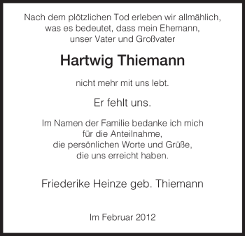 Traueranzeige von Hartwig Thiemann von HNA