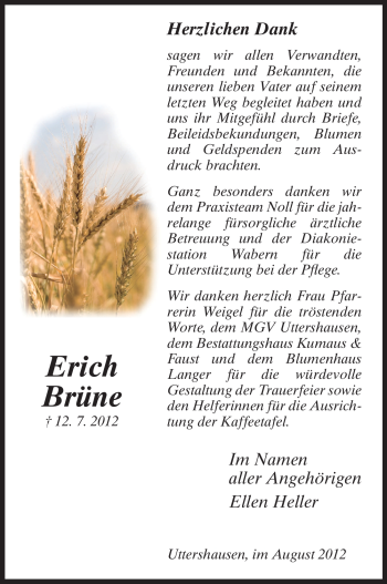 Traueranzeige von Erich Brüne von HNA