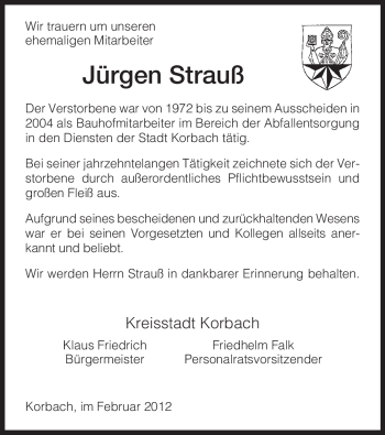 Traueranzeige von Jürgen Strauß von HNA