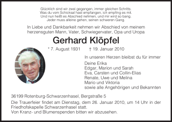 Traueranzeige von Gerhard Klöpfel von HNA