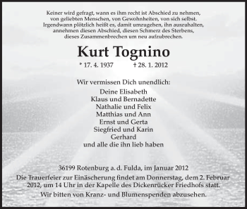 Traueranzeige von Kurt Tognino von HNA
