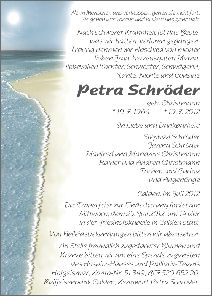  Traueranzeige für Petra Schröder vom 23.07.2012 aus HNA