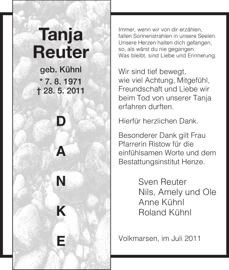  Traueranzeige für Tanja Reuter vom 02.07.2011 aus HNA